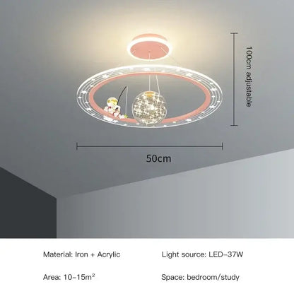 DecorBites led chandelier with pinkish-orange ring and crystal globe designed for boy’s room with remote control