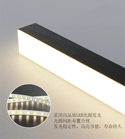 Modern rectangular led chandelier with sleek black wooden finish and bright white illumination for nordic minimalist kitchen islands