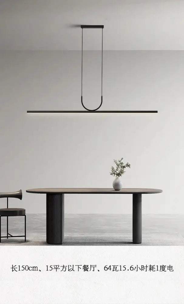 Modern black nordic minimalist led chandelier with sleek linear design and curved hanging element for kitchen islands