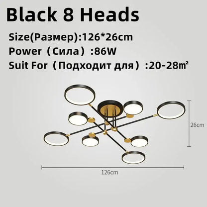 Decorbites led chandelier black and gold modern ceiling fixture with eight circular led lamps for living and dining rooms
