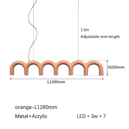 Orange metallic-acrylic decorbites led chandelier with seven wavy arched led bulbs for living room and dining tables