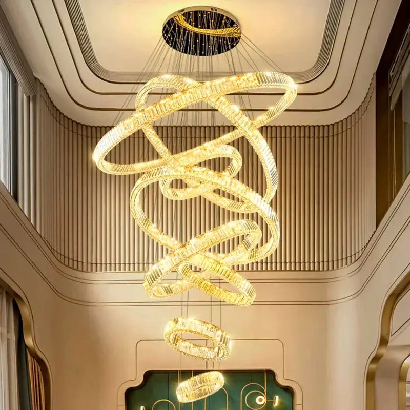 Decorbites led chandelier with golden spiral crystal-encrusted rings for modern bedroom and living room lighting