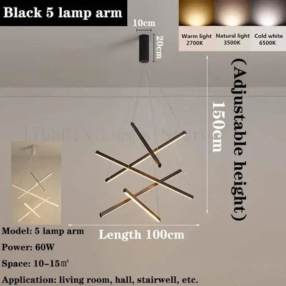 Black 5-lamp arm decorbites led chandelier with sleek modern design and adjustable height for living and dining rooms