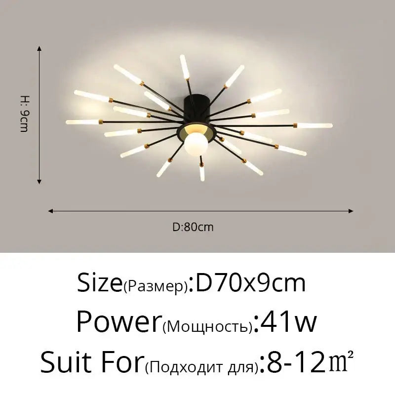 Modern black and brass starburst decorbites led chandelier with frosted glass rods for kids room lighting decor