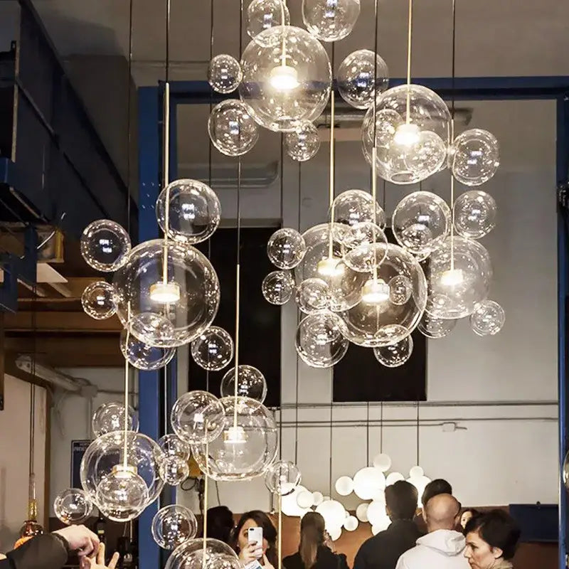 Decorbites™ led chandelier for nordic decor featuring clear glass bubble balls suspended by thin cords