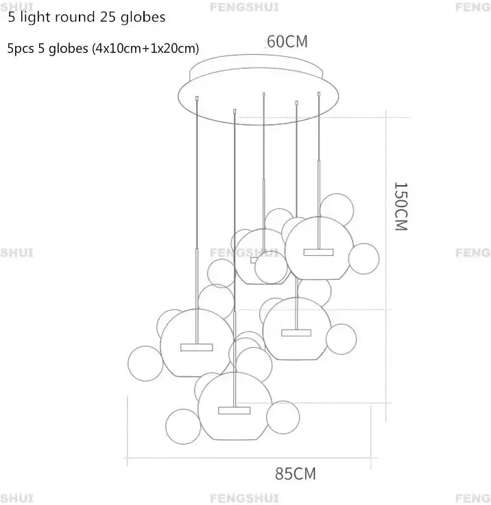 A modern decorbites led chandelier with five round bubble ball globes in varying sizes for nordic decor