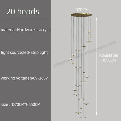 Modern brass-finished decorbites led chandelier with 20 cascading led light heads for loft villa staircase ceiling