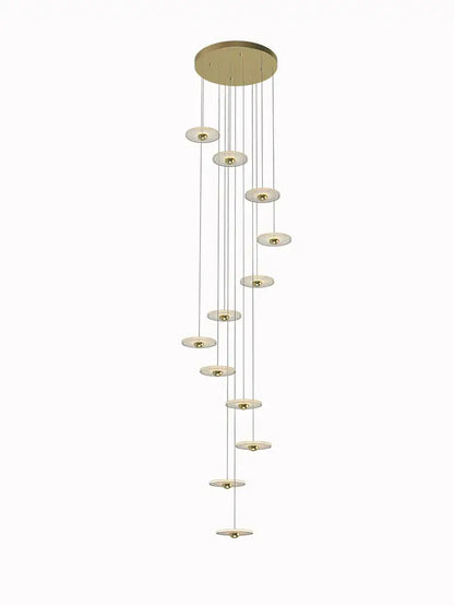 Gold-toned modern decorbites led chandelier with multiple circular light fixtures for revolving staircase or loft villa ceiling