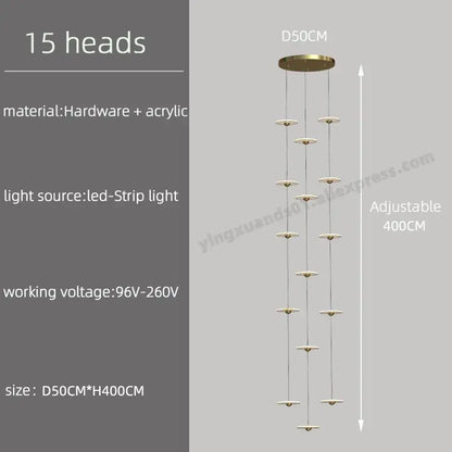Modern brass-finished decorbites led chandelier with 15 circular led light heads for loft villa ceiling decor