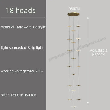Gold-toned decorbites led chandelier with 18 circular acrylic light heads for revolving staircase or loft villa ceiling hanging lamp