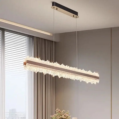 DecorBites LED chandelier with sleek black and gold metal frame and cascading clear crystal accents for stylish living room decor