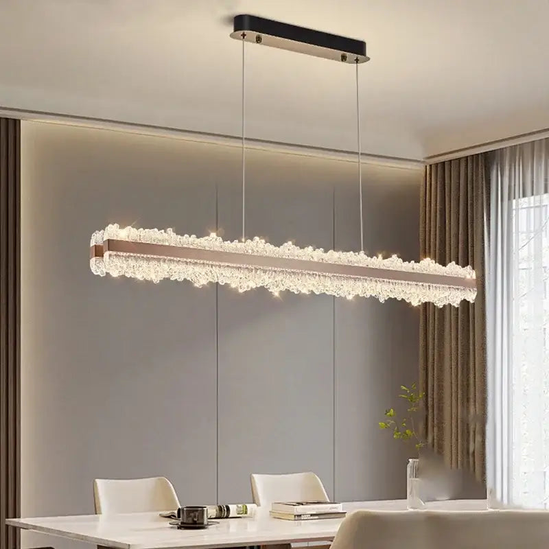 Modern rectangular decorbites led chandelier with sleek black top copper frame and cascading clear crystals for living room decor