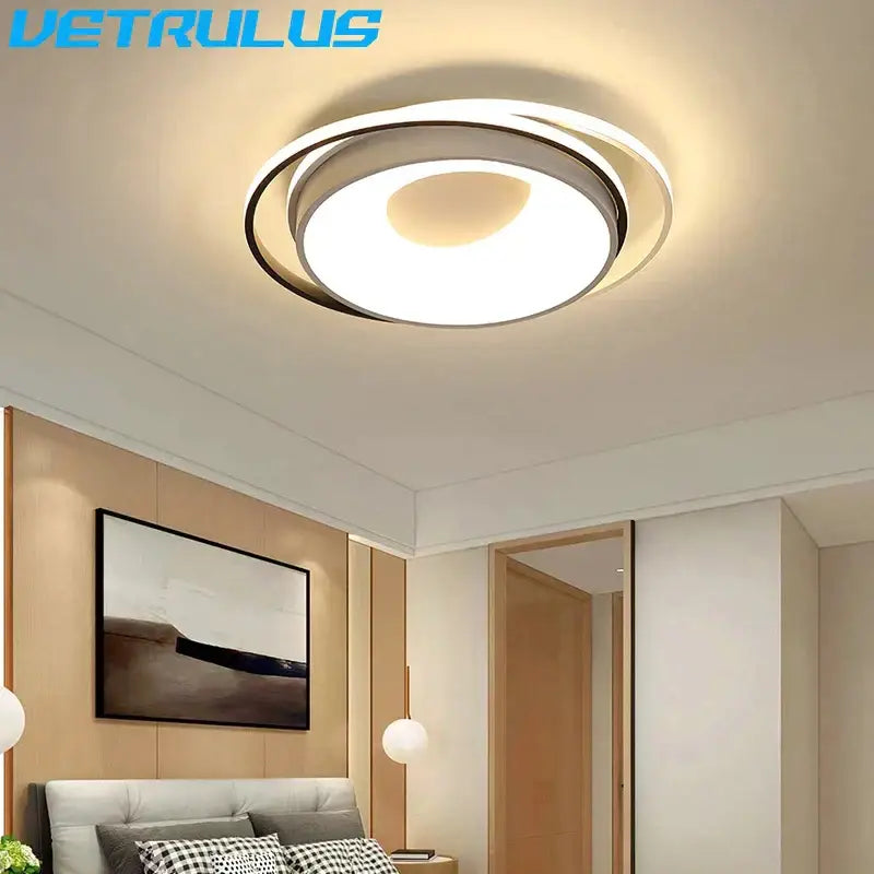 Modern circular decorbites led chandelier light in matte black and white acrylic with warm glow for living dining room