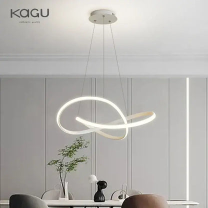 Modern minimalist DecorBites LED chandelier light with two interlocking white aluminum acrylic rings for dining rooms