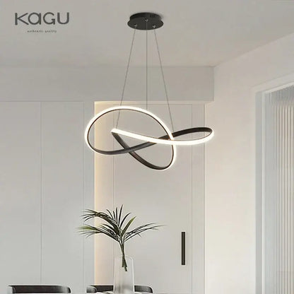 Modern black and white aluminum acrylic DecorBites led chandelier light with sleek intertwined ring design for dining rooms