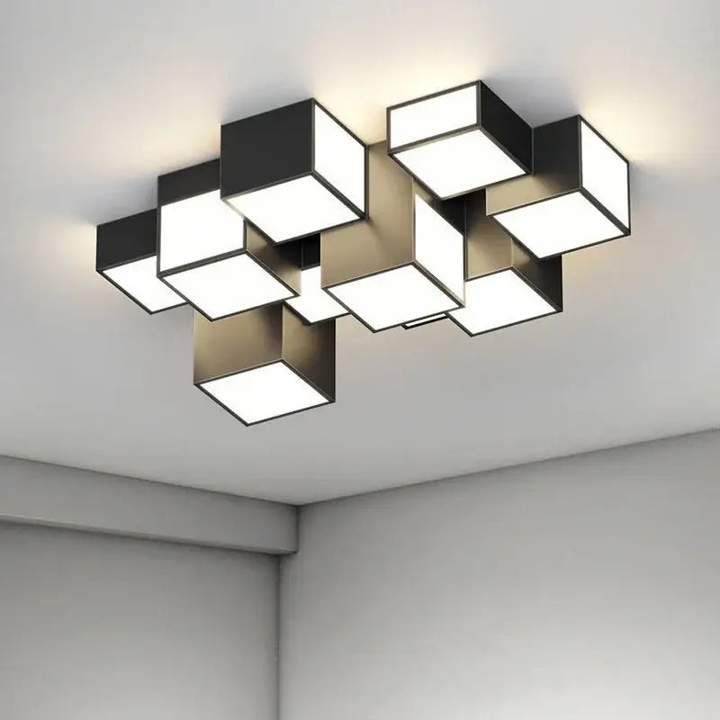 Modern black and white cube-shaped decorbites led chandelier with geometric modular design for minimalist indoor lighting