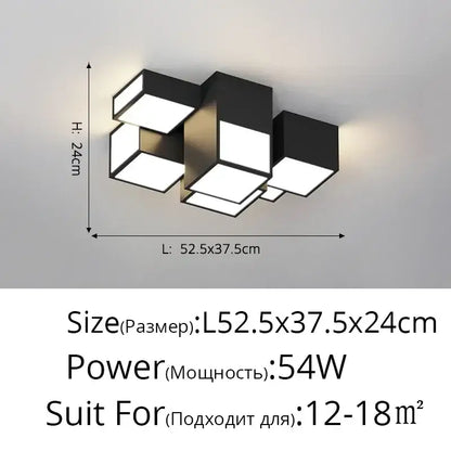 Modern black and gold geometric DecorBites LED chandelier with illuminated square panels for minimalist indoor lighting
