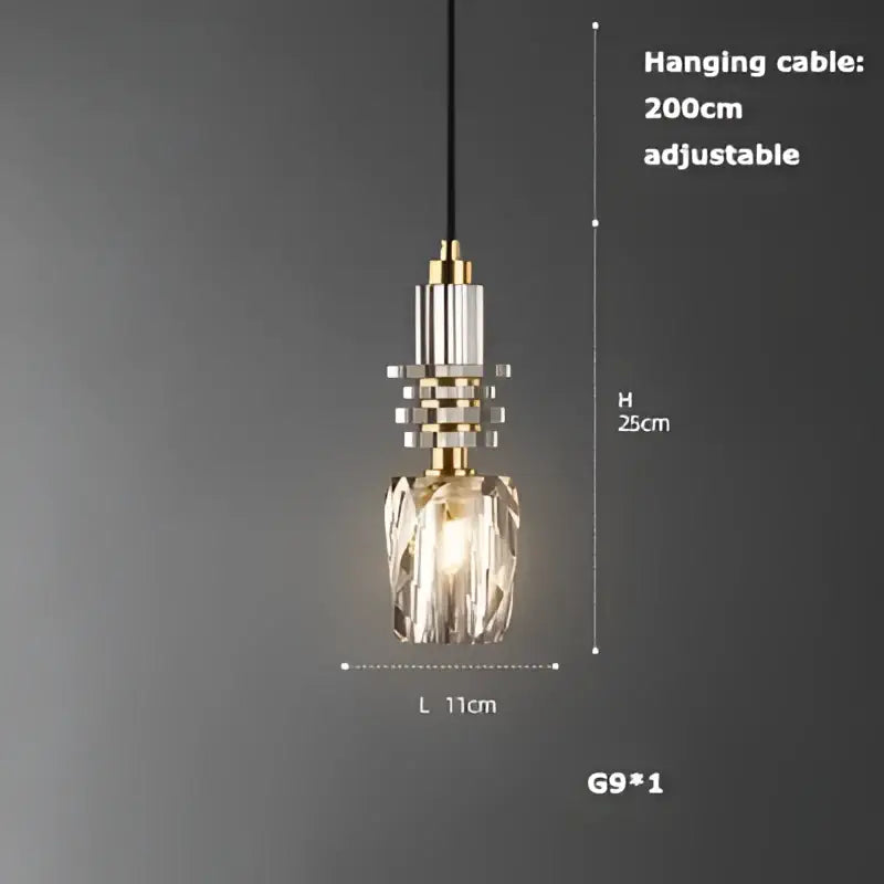 A modern decorbites led chandelier with crystal pendant, gold-toned metal fixture, and adjustable 200cm cable for dining room