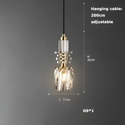 A modern decorbites led chandelier with crystal pendant, gold-toned metal fixture, and adjustable 200cm cable for dining room