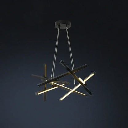 Modern black and gold geometric DecorBites LED chandelier with intersecting LED bars for indoor pendant lighting