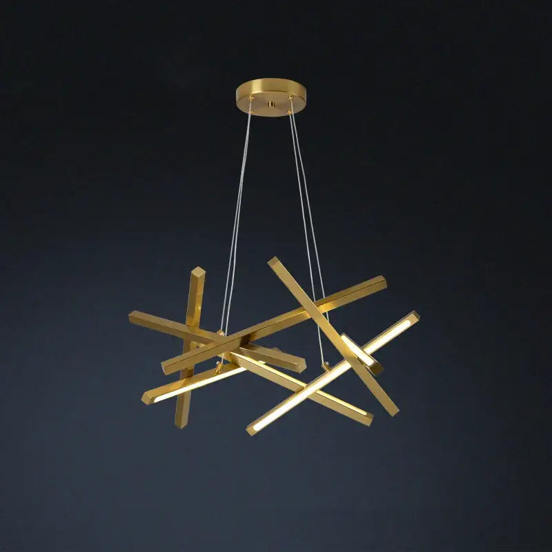 Modern gold-toned decorbites led chandelier with intersecting geometric bars and illuminated led strips for indoor use