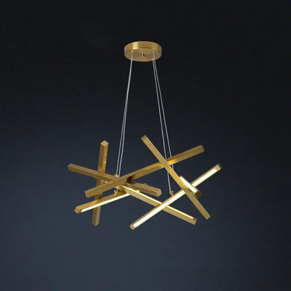 Modern gold-toned decorbites led chandelier with intersecting geometric bars and illuminated led strips for indoor use