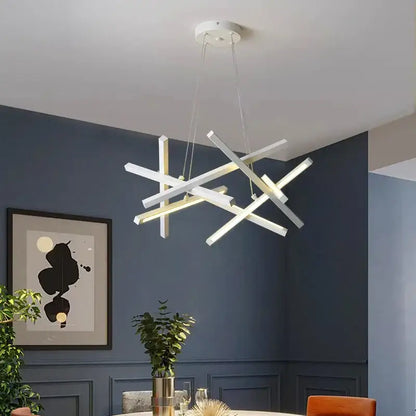 Modern white DecorBites LED chandelier with intersecting geometric bars for living room and bedroom lighting
