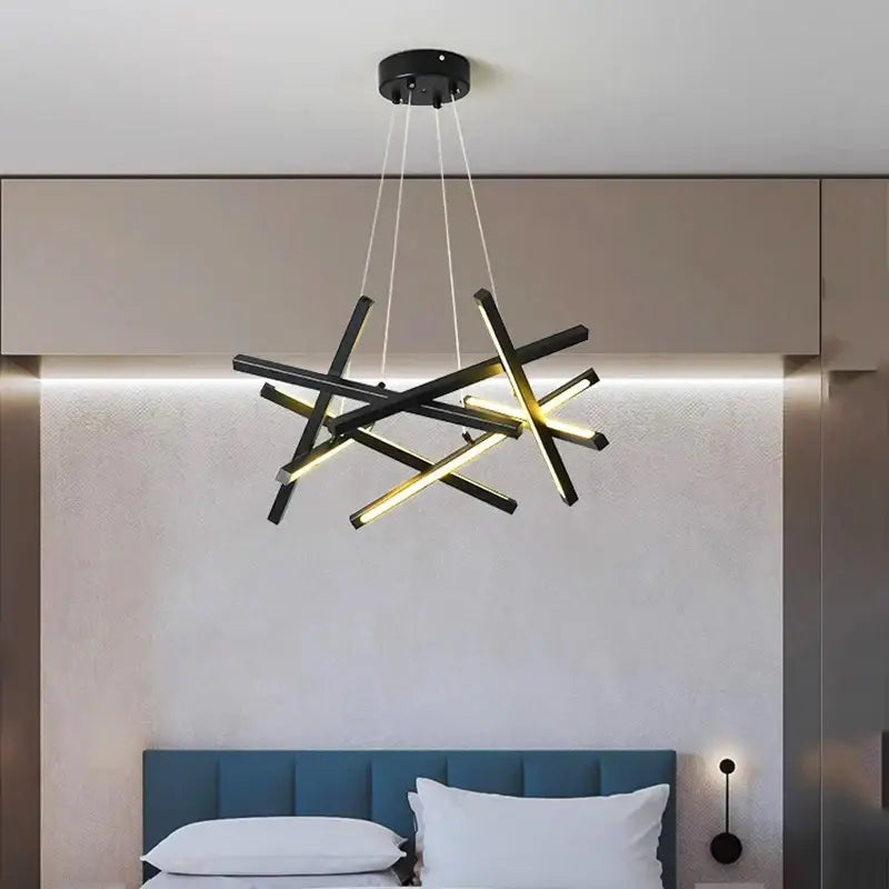Modern black and gold geometric decorbites led chandelier with intersecting rod design for indoor lighting