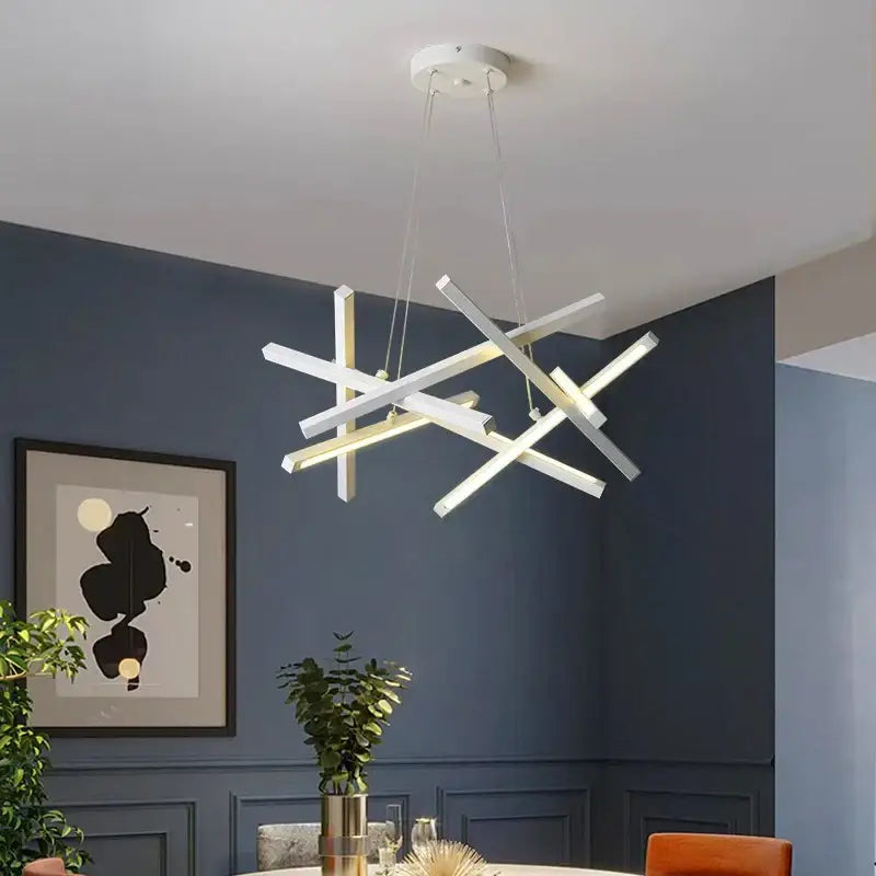 Modern white decorbites led chandelier with intersecting geometric bars for living room bedroom and dining areas