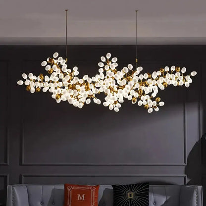 Gold-toned DecorBites LED chandelier lighting with frosted glass globe bulbs in a branching design for living spaces