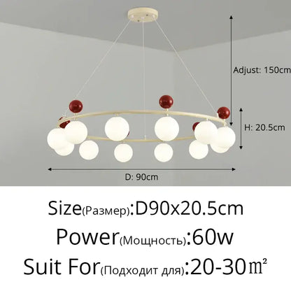 Modern circular decorbites led chandelier with light wood frame white frosted globes and red spherical accents for indoor use
