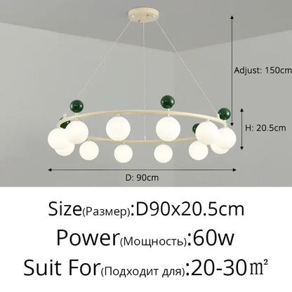 Modern circular decorbites led chandelier with cream metal frame white frosted glass and dark green accent spheres