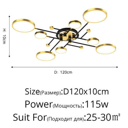 Modern gold and black decorbites led chandelier with multiple illuminated rings dimmable for home lighting