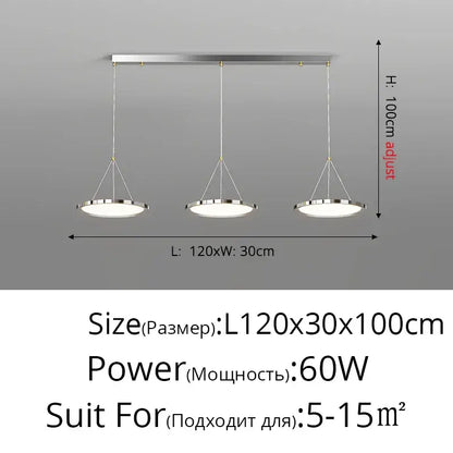 Modern minimalist decorbites led chandelier with three chrome circular shades and adjustable height for indoor living spaces