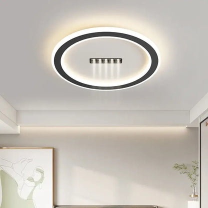 Modern decorbites led chandelier lights with circular black and white design, illuminated ring, and five embedded led bulbs