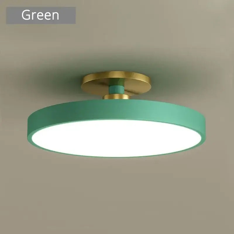 Teal circular flush-mount led chandelier light with gold-toned metal base for modern indoor home lighting