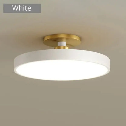 White circular led chandelier light with gold-toned mounting base from DecorBites™ for modern indoor lighting