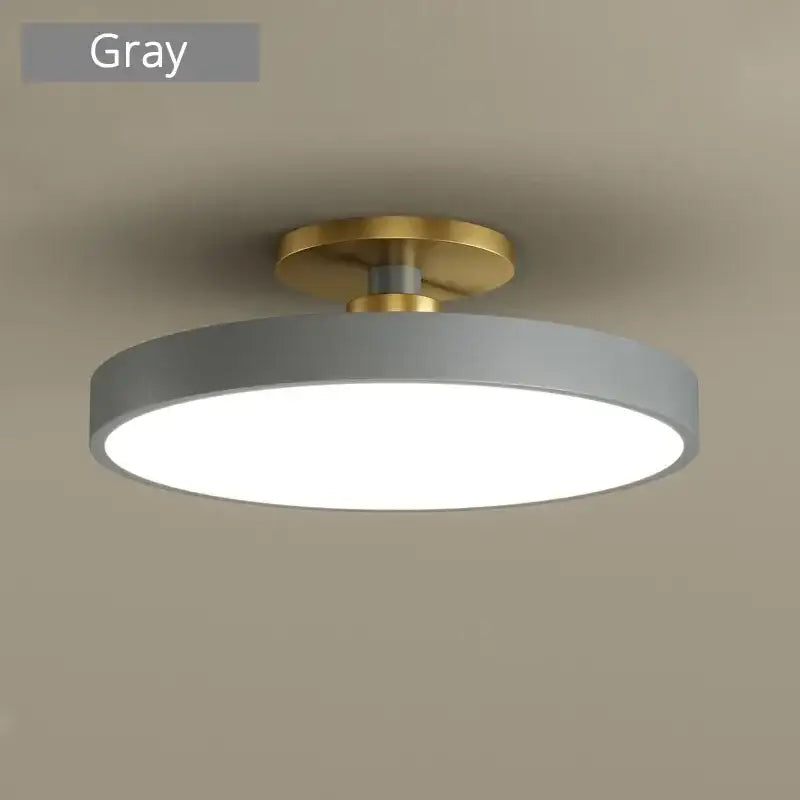 Gray circular led chandelier light with brass-colored mounting base for modern indoor home living decorbites