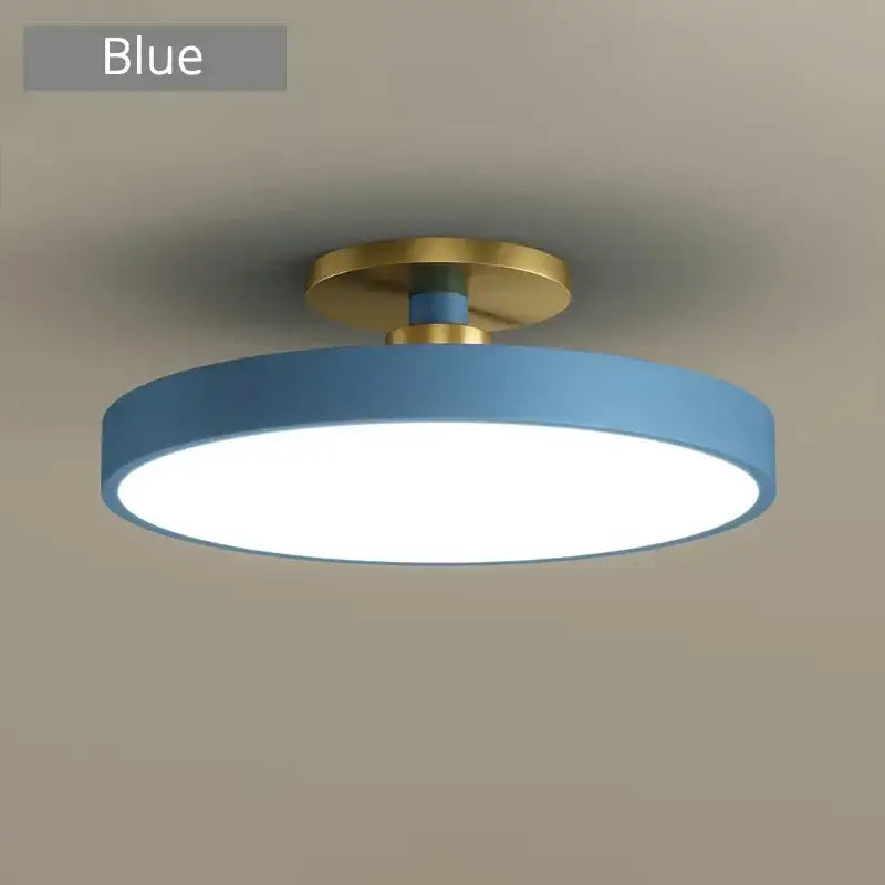 Blue circular led chandelier light with gold-toned mounting base from DecorBites™ for modern indoor lighting