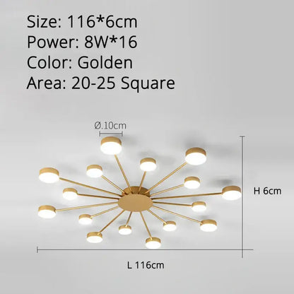 Golden starburst decorbites led chandelier with multiple circular bulbs radiating from central hub for indoor lighting