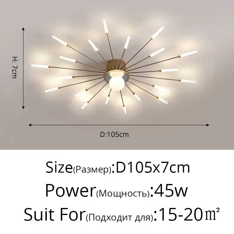 Modern brass-finished decorbites led chandelier with white led rods radiating from a central globe for indoor lighting