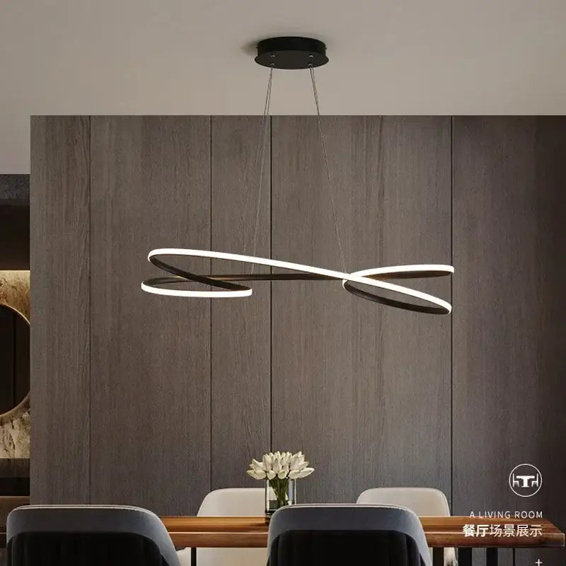 Modern infinity-loop decorbites led chandelier with sleek black and white led rings for indoor home and hotel decor