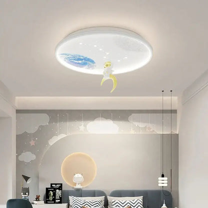Decorbites led chandelier round ceiling light with white moon theme blue planet and yellow crescent astronaut for children’s room