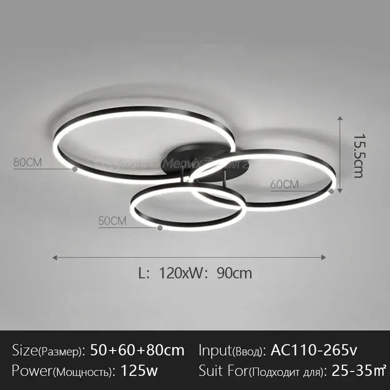Modern black and white led chandelier with three interlocking circular rings by DecorBites led chandelier for bedroom use
