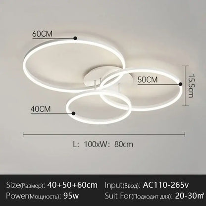 Modern white led chandelier with three interlocking circular rings for bedroom and dining room by DecorBites LED chandelier