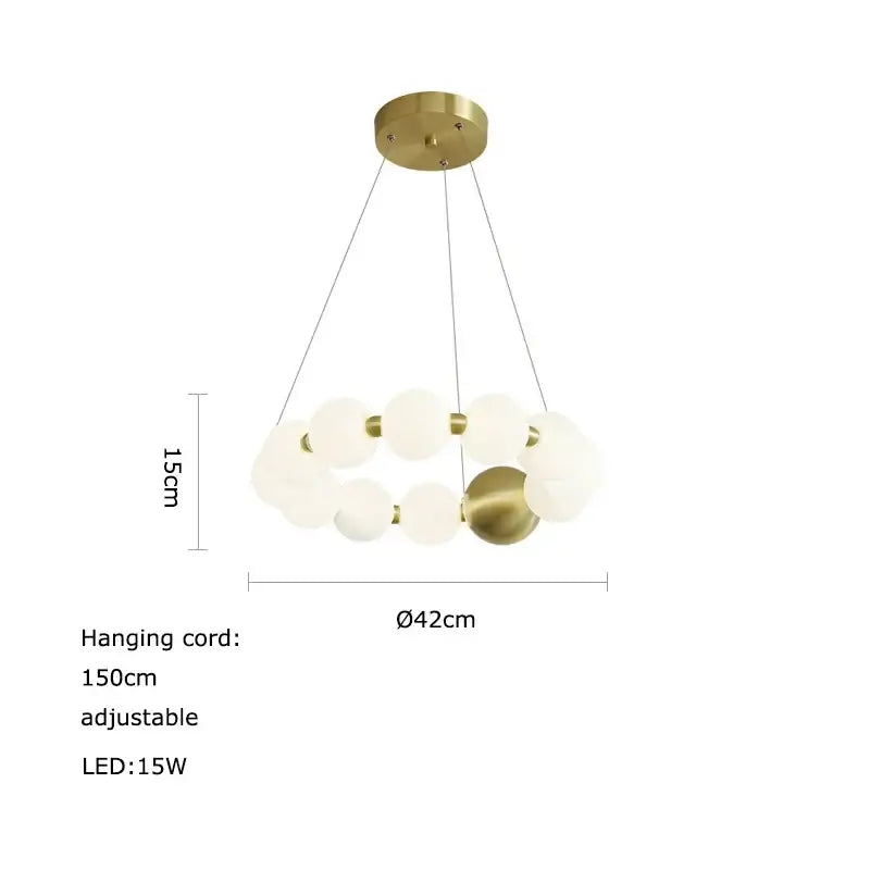 Decorbites led chandelier necklace lighting featuring brass-finished spherical pendants with frosted glass orbs and adjustable cord