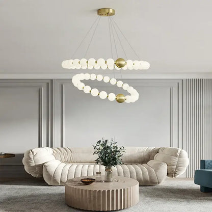 Gold-toned decorbites led chandelier necklace lighting with frosted glass globe bulbs for dining room use