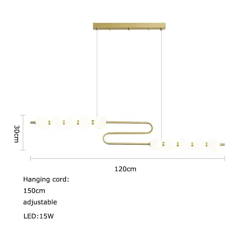 Gold-toned decorbites led chandelier with curved metal frame and frosted glass spheres for dining room lighting
