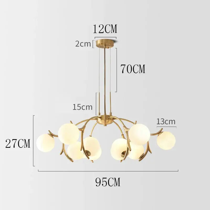 Gold-toned DecorBites LED chandelier pendant lamp with six frosted glass globes in a branching design for indoor lighting