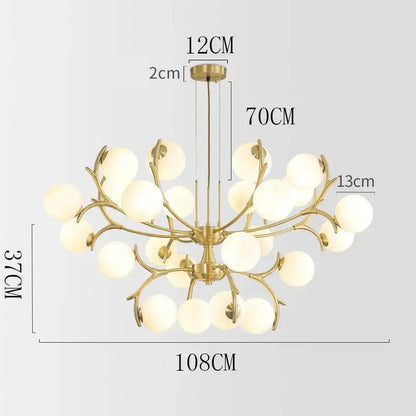 Gold-toned DecorBites LED chandelier pendant lamp with branching arms and frosted glass globes for living room lighting